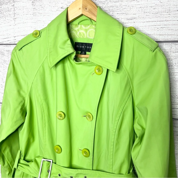 Vintage Braetan Bright Lime Green Double-Breasted Belted Trench Coat Size Small - Picture 3 of 13
